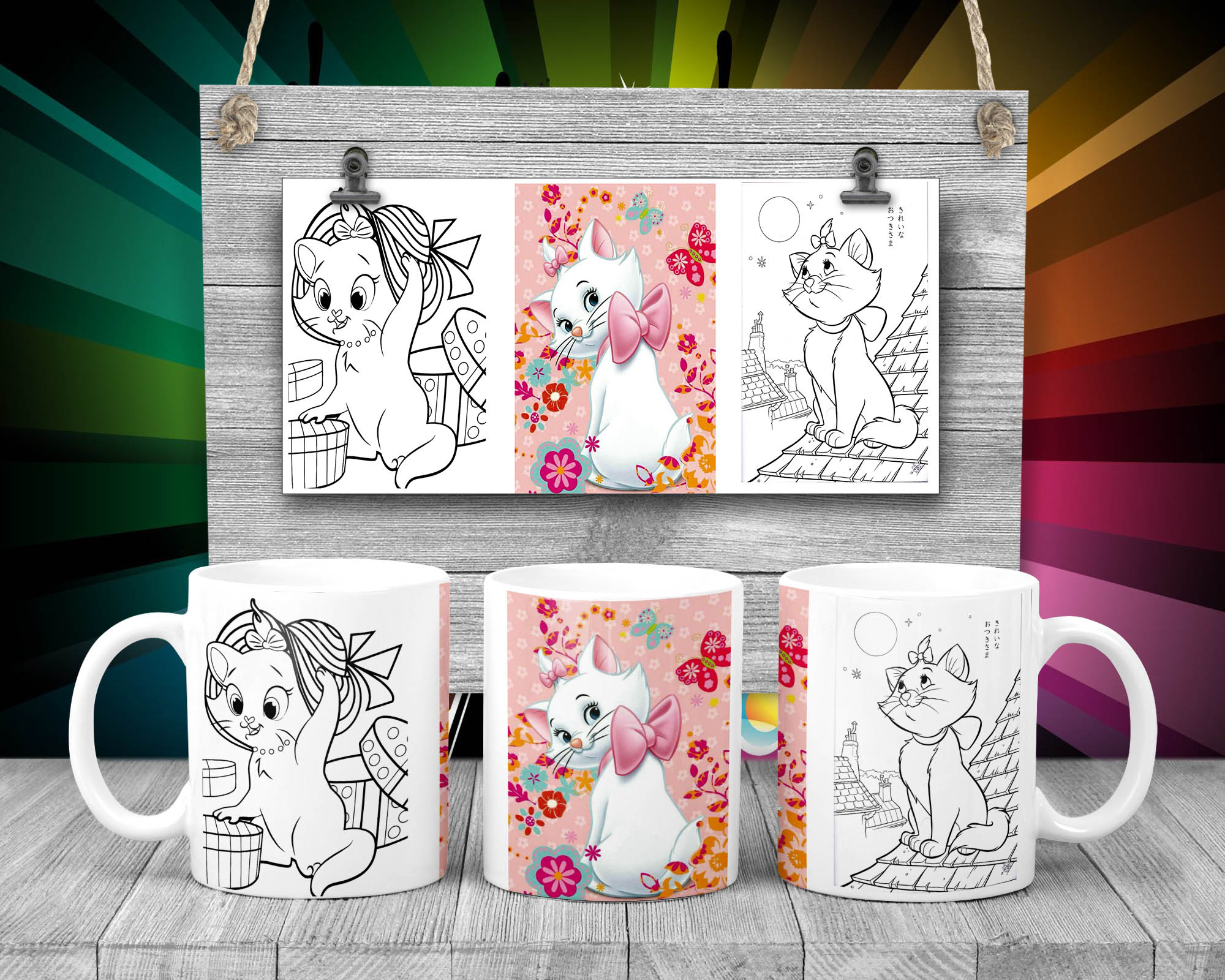 Taza plástica Gatita Marie 001 con blister de marcadores